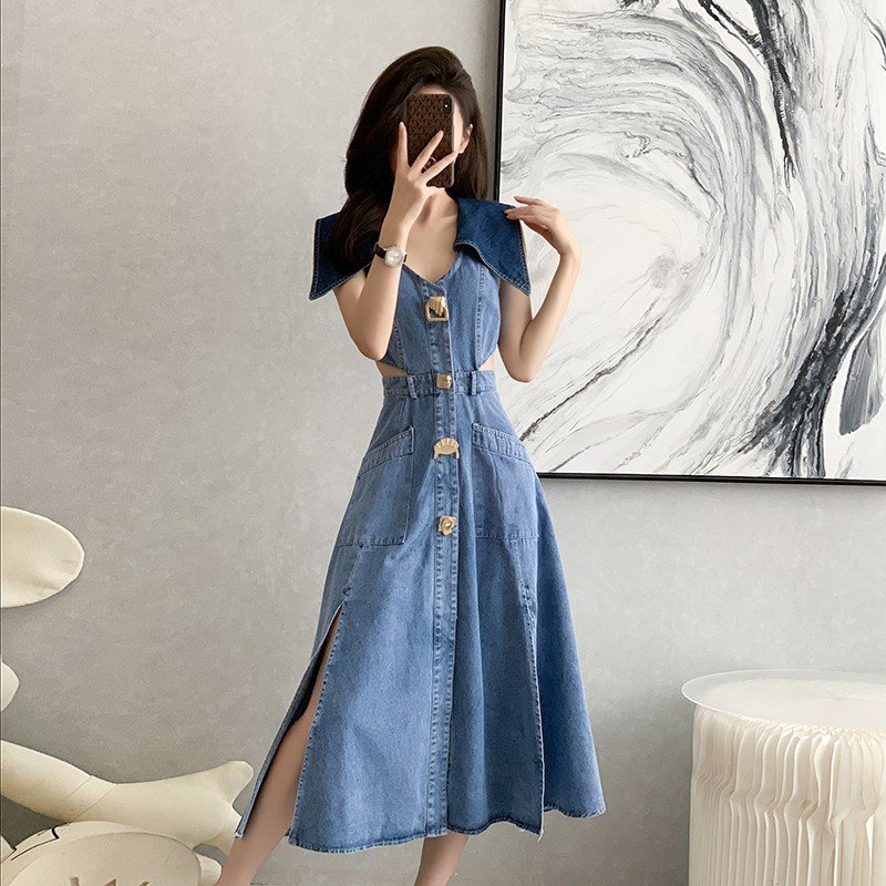Contrast color large lapel waist slit denim A-shaped skirt